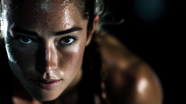 Intense Female Athlete During HIIT Training Session with Sweat and Determined Expression in Dark Gym