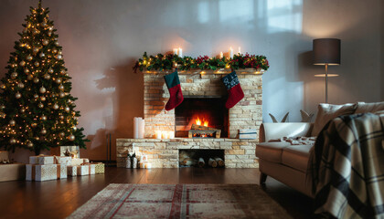 Cozy Christmas Living Room with Fireplace and Decorated Tree
