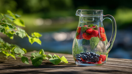 Refreshing summer drink with berries and mint in a glass pitcher outdoors