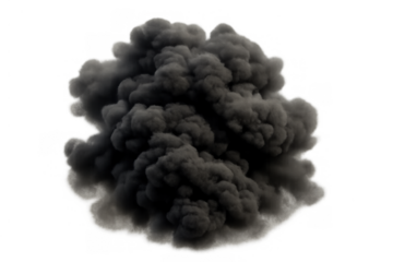Dark smoke cloud creating a big burning explosion effect, isolating dense black pollution on transparent background