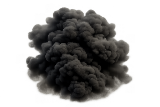 Dark smoke cloud creating a big burning explosion effect, isolating dense black pollution on transparent background