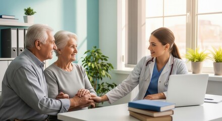 Compassionate doctor consulting with elderly couple in bright office