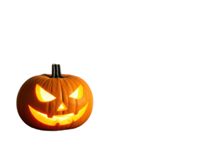 A carved, lit pumpkin with an eerie, toothy grin against a stark, black background