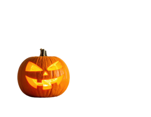Illuminated Jack-o'-Lantern with carved face, glowing against a black backdrop