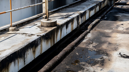 Industrial decay captured in weathered concrete and corroded metal structures, highlighting the textures and patterns created by time and elements.