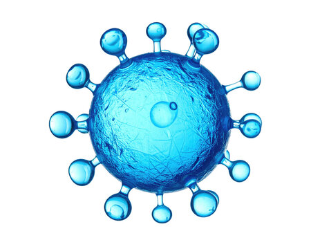 Digital 3D rendering of a stylized virus, spherical and blue, against a black backdrop