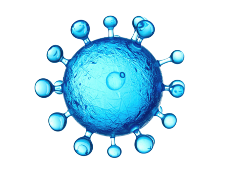 Digital 3D rendering of a stylized virus, spherical and blue, against a black backdrop
