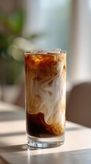 Iced coffee with milk swirls in sunlit glass on table
