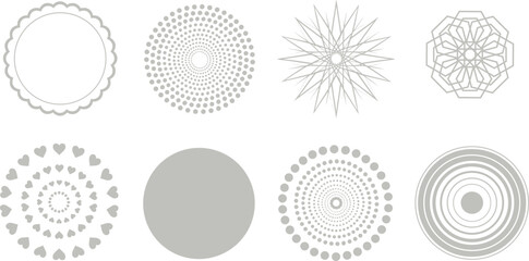 Circular geometric pattern vector, abstract symmetrical designs, heart dot ripple motifs, mandala style graphics, minimal line art illustration set