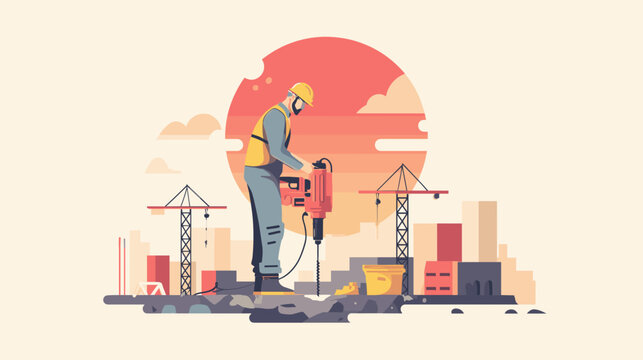 flat vector illustration of a construction site with an construction worker operating a jackhammer. the design style is flat, with simple elements, flat color blocks, bright colors, a simple backgroun
