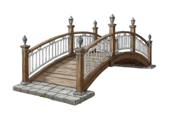 Wooden bridge with ornate metal railings isolated on a transparent background