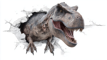 Un T-rex traverse un mur blanc