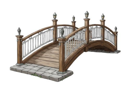 Wooden bridge with ornate metal railings isolated on a transparent background