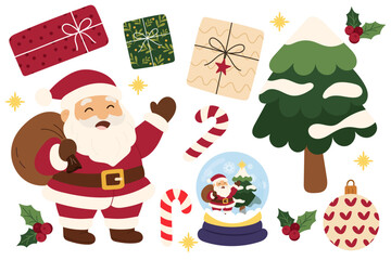 Cozy Christmas clipart set with Santa Claus, gift boxes, Christmas tree, snow globe, candy canes, holly leaves, and ornaments. Warm festive colors, perfect for holiday design projects, greeting cards.