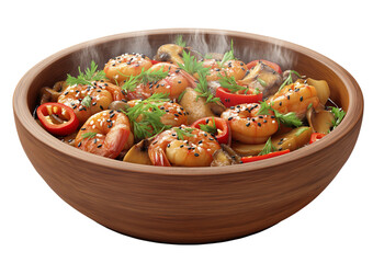 Shrimp and Mushroom Stir Fry in Wooden Bowl isolated on a transparent background
