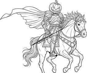 Headless, horseman, Halloween, folklore, spooky, rider, pumpkin, jack-o'-lantern, armor, cape, galloping, horse, horror, ghost, illustration, vector, dramatic, black, white, eerie