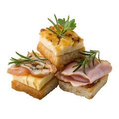 Three stacked canapés with ham and cheese isolated on a transparent background