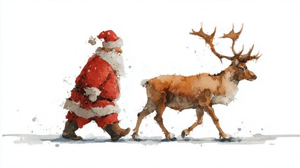 Santa Claus walks with a reindeer through the snowy landscape during the Christmas season