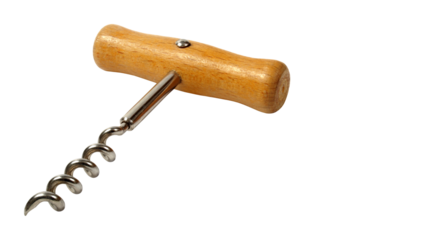 Classic wooden handle corkscrew isolated on transparent background PNG, vintage wine bottle opener tool for kitchen and bar accessories.