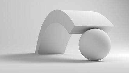A clean monochrome image of a curved arch resting on a sphere, 3d render