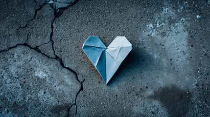 paper origami heart placed on cracked concrete, contrast between tenderness and harshness