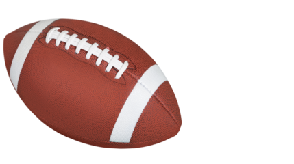Classic brown American football ball with white laces isolated on transparent background, PNG image for sports, training, and game design.