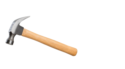 Steel claw hammer with wooden handle isolated on transparent background, PNG image for construction, carpentry, repair, and hardware tools design.