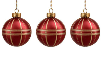 Three Red Christmas Ornaments with Gold Stripes isolated on a transparent background
