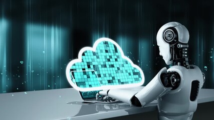 AI robot huminoid uses cloud computing technology to store data on online server . Futuristic concept of cloud information storage analyzed by machine learning process . 3D rendering . - Powered by Adobe