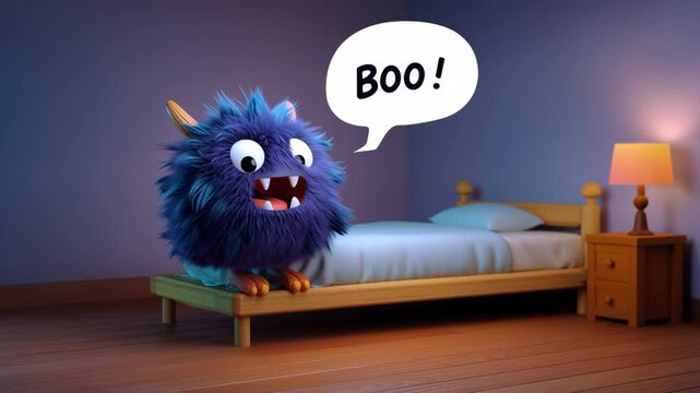 A cute blue monster saying boo in a bedroom.