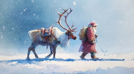 Winter journey of a man and a reindeer through a snowy landscape in a serene, magical setting
