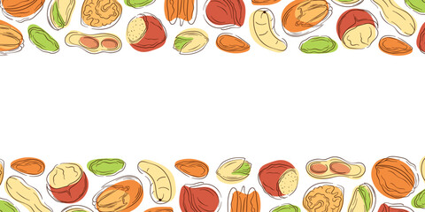 Border frame with nut, almond, cashew, peanut, walnut, hazelnut and pecan in flat style. Design for grocery store wallpaper with empty center space.
