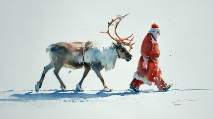Santa Claus walks with reindeer through snow on a clear winter day in a festive landscape