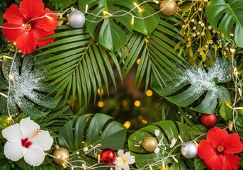 Tropical christmas decor with hibiscus flowers and festive lights