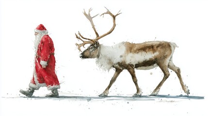 Santa Claus walks with his reindeer in a snowy landscape during the holiday season