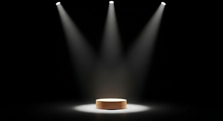 A single pedestal illuminated by three spotlights in a dark room