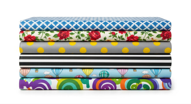 Stack of colorful patterned fabric bolts in various designs against white background with copy space - Powered by Adobe