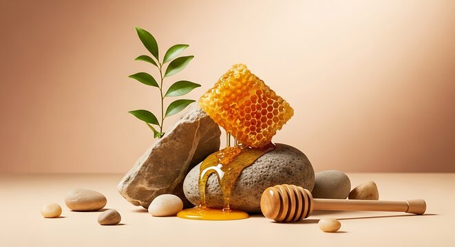 Natural honeycomb and honey dripping on stones with green leaves and wooden dipper