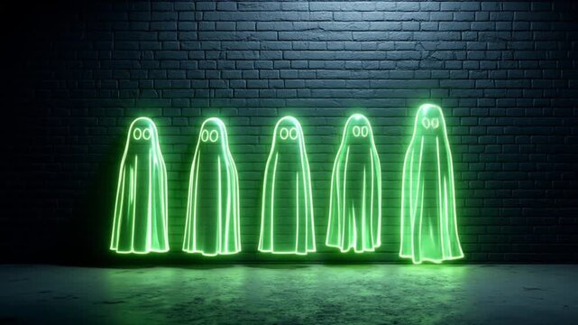 Group of five glowing green neon ghost figures standing against a dark brick wall. Ethereal spooky Halloween scene.