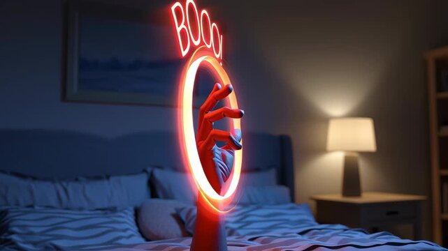 A spooky neon hand gesture at night.