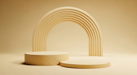 Minimalist beige studio scene with arched backdrop and two circular podiums for product display