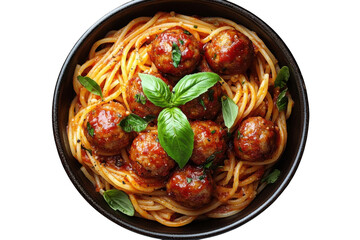 Delicious spaghetti and meatballs with fresh basil in a dark bowl against a on transparent background