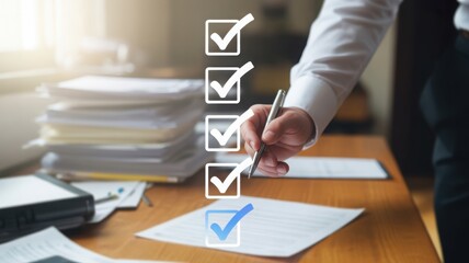 Man's Hand Checking Checklist with a Pen on Desk