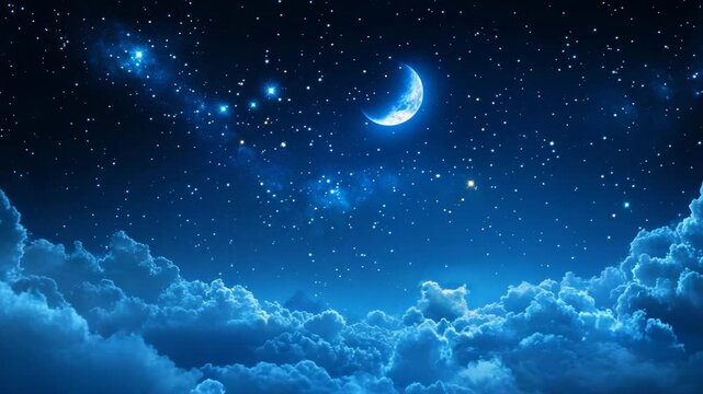 Ultra HD A breathtaking nightscape featuring a crescent moon illuminating a starry sky above fluffy clouds video, ethereal blue cloud aerial video, blue cloud sky drone video