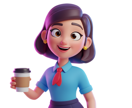 3d illustration of cartoon woman holding coffee cup isolated on transparent background
