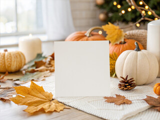 Square Card Mockup with Pumpkins and Autumn Leaves in Cozy Fall Setting