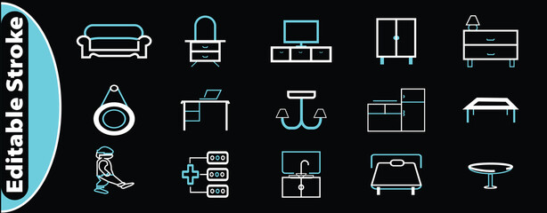 A comprehensive set of duotone white line icons (with cyan accents) on a dark background, all featuring an editable stroke. The collection includes symbols for a sofa, dressing table, TV stand, wardro