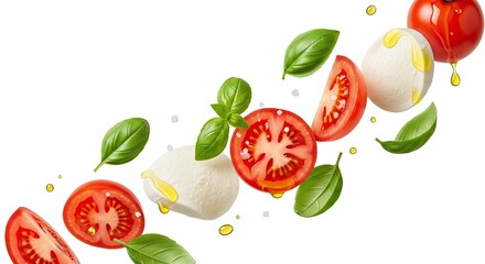 Naklejka premium Fresh mozzarella, juicy tomatoes, and basil leaves cascade in a delightful culinary composition.