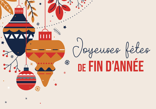 Bannière de Noël festive avec texte “Joyeuses fêtes de fin d’année” –  Boules de Noël modernes, décor végétal
