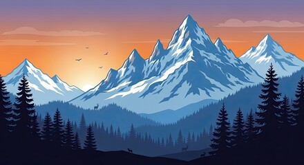 Majestic snow-capped mountains at sunrise with deer grazing in serene forest